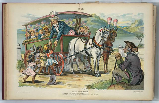 Cartoon print shows Uncle Sam helping four little girls labeled "Philippines, Ladrones, Porto [i.e. Puerto] Rico, [and] Cuba" onto a wagon filled with many other young children, including "Hawaii"; two horses harnessed to the wagon are labeled "Liberty" and "Union". An old man, wearing a hat labeled "Monroe Doctrine", is sitting on a log nearby and asks Sam if the wagon isn't getting too full. Caption: Old Party Ain't ye takin' too many in, Sam? / Uncle Sam No, Gran'pa; I reckon this team will be strong enough for them all!